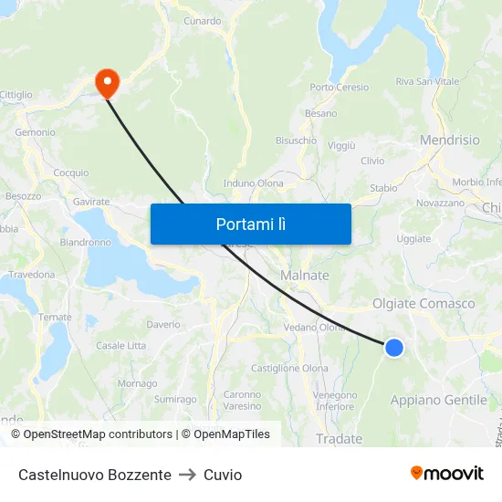 Castelnuovo Bozzente to Cuvio map