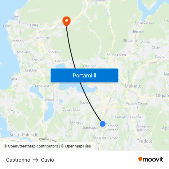 Castronno to Cuvio map