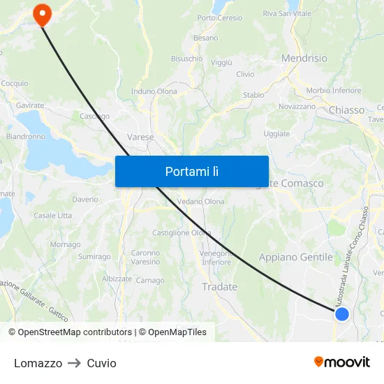 Lomazzo to Cuvio map