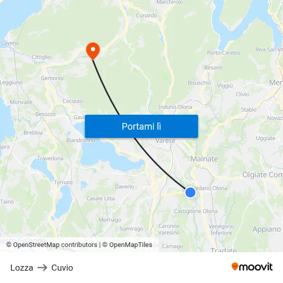 Lozza to Cuvio map