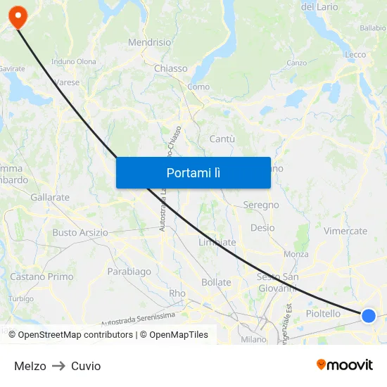 Melzo to Cuvio map