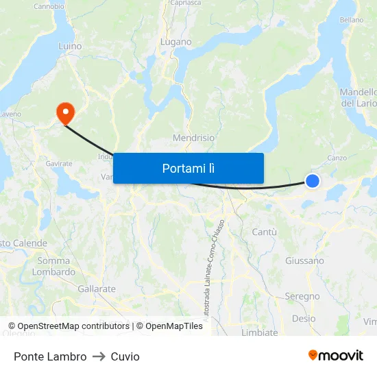 Ponte Lambro to Cuvio map