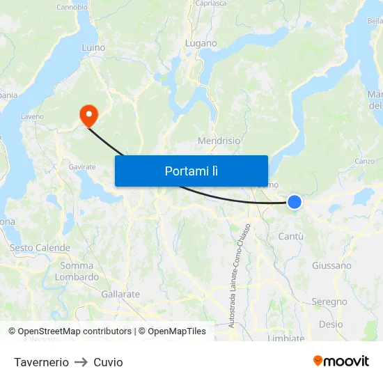 Tavernerio to Cuvio map