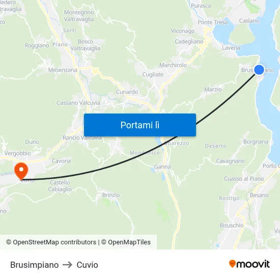Brusimpiano to Cuvio map