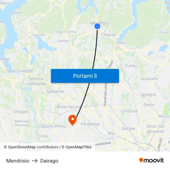 Mendrisio to Dairago map