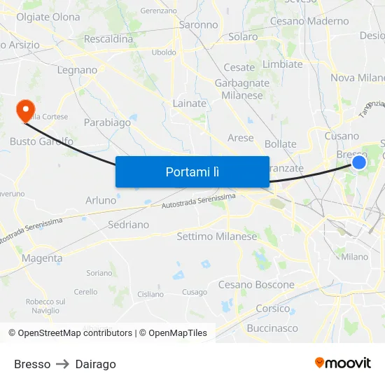 Bresso to Dairago map