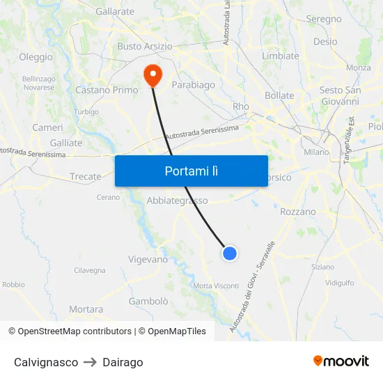 Calvignasco to Dairago map