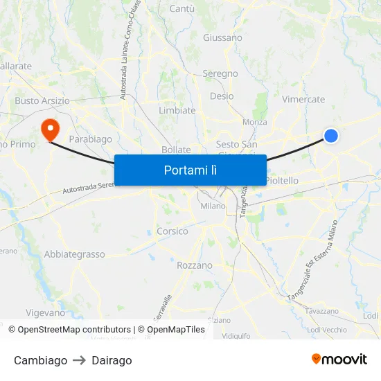 Cambiago to Dairago map