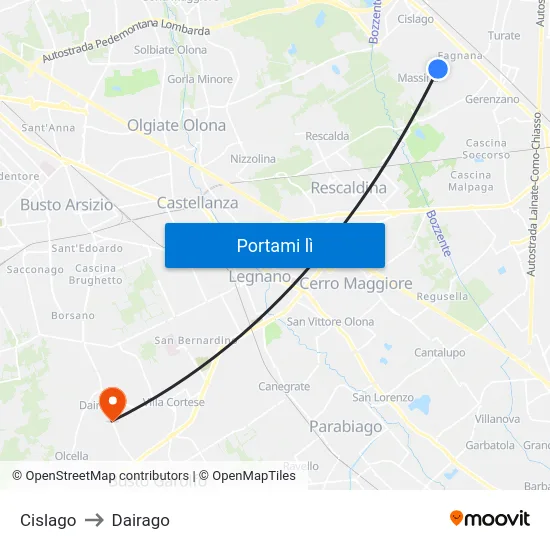 Cislago to Dairago map