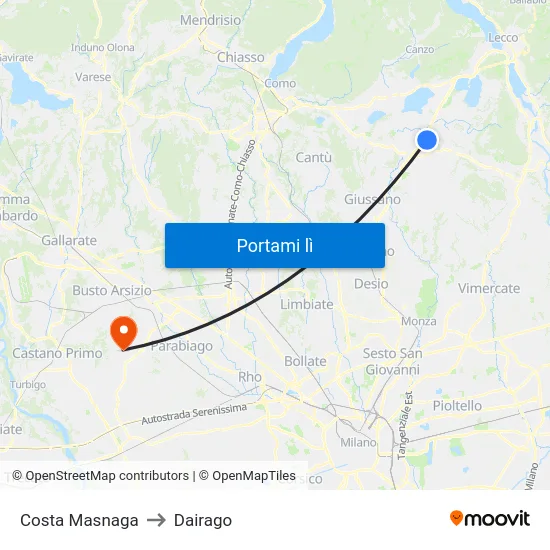 Costa Masnaga to Dairago map