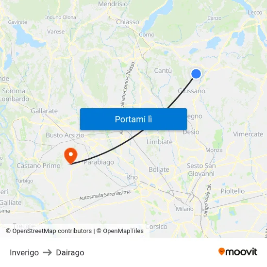 Inverigo to Dairago map