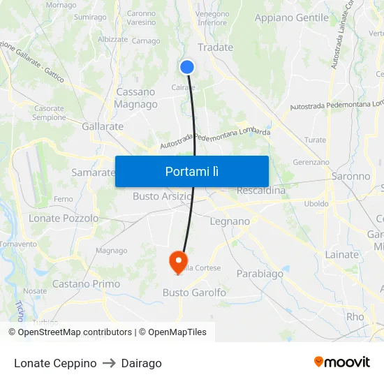 Lonate Ceppino to Dairago map