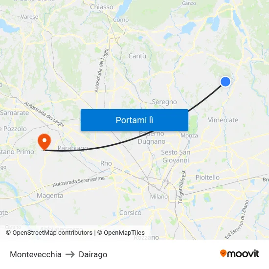 Montevecchia to Dairago map