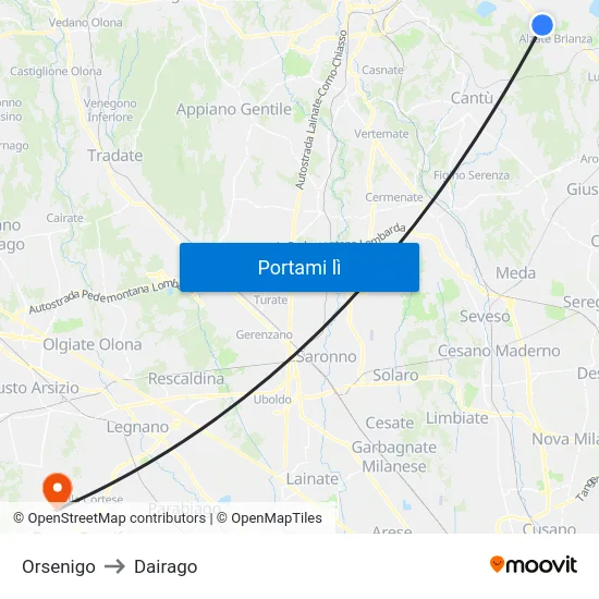 Orsenigo to Dairago map