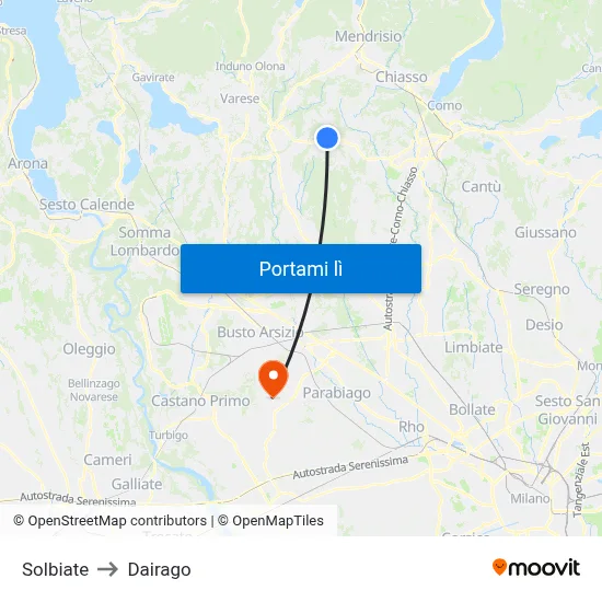 Solbiate to Dairago map
