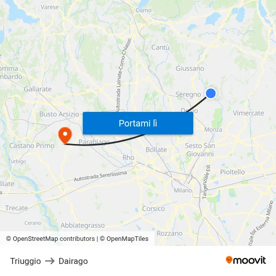 Triuggio to Dairago map