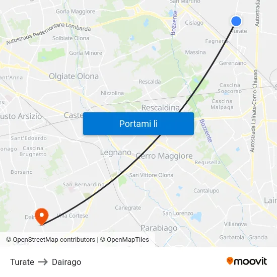 Turate to Dairago map