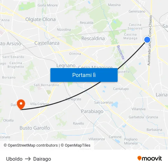 Uboldo to Dairago map