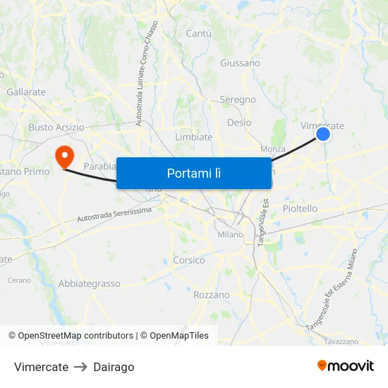 Vimercate to Dairago map