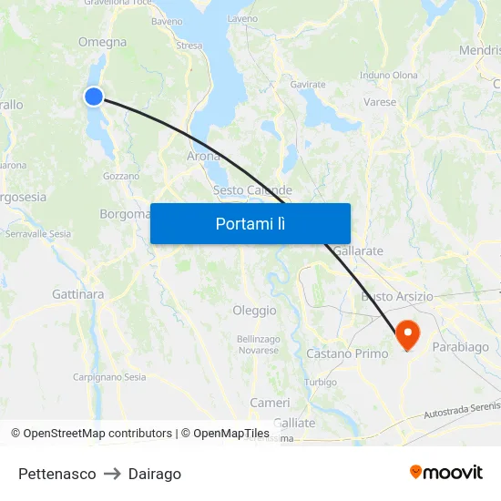 Pettenasco to Dairago map
