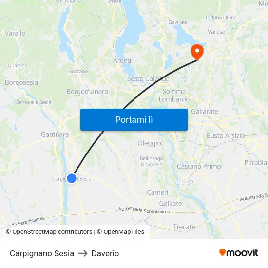 Carpignano Sesia to Daverio map