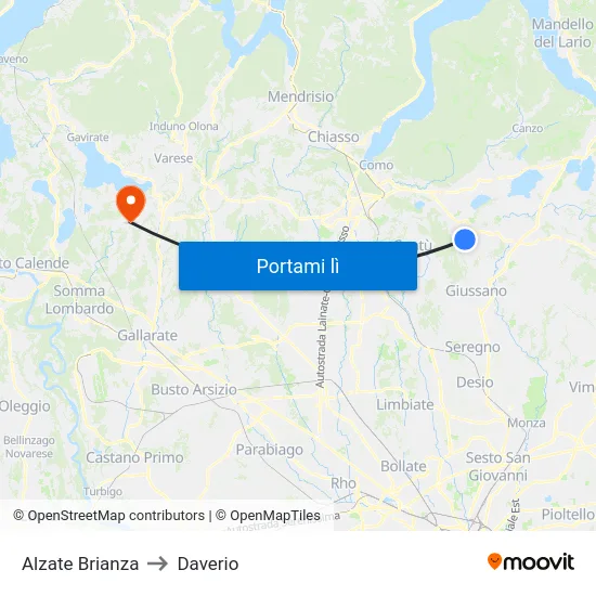 Alzate Brianza to Daverio map