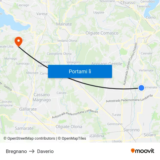 Bregnano to Daverio map
