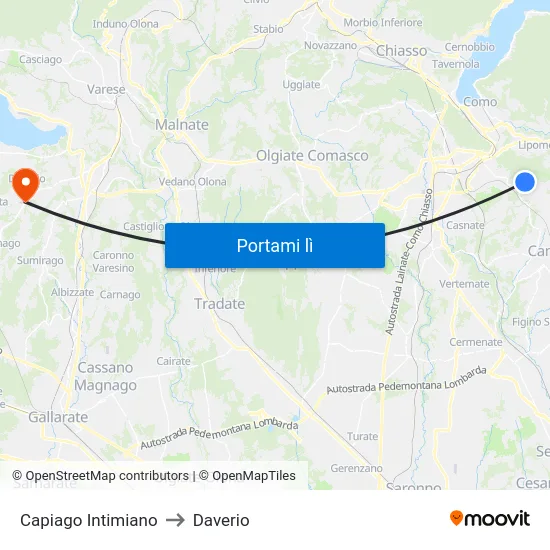 Capiago Intimiano to Daverio map