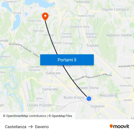 Castellanza to Daverio map