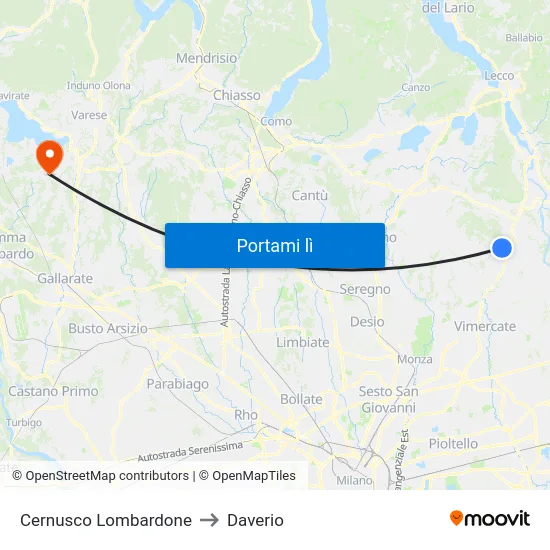 Cernusco Lombardone to Daverio map