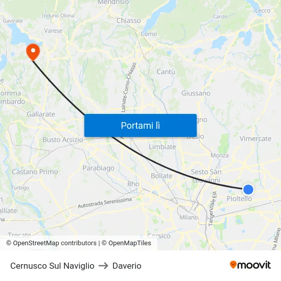 Cernusco Sul Naviglio to Daverio map