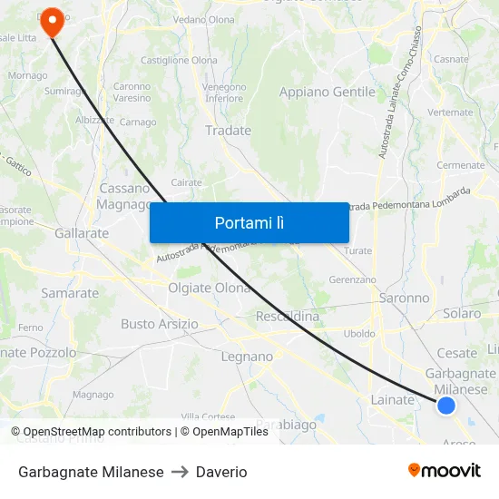 Garbagnate Milanese to Daverio map