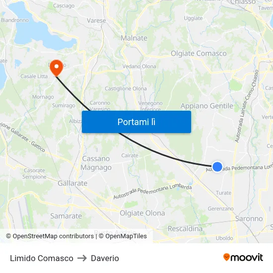 Limido Comasco to Daverio map