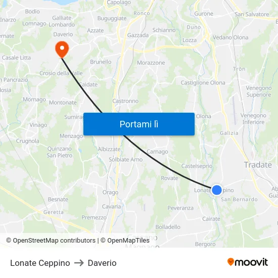 Lonate Ceppino to Daverio map