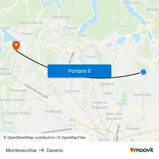 Montevecchia to Daverio map