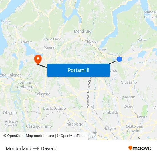 Montorfano to Daverio map
