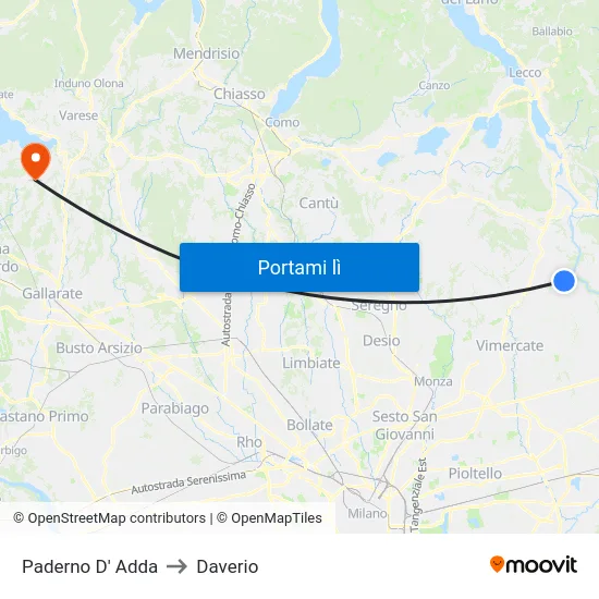 Paderno D' Adda to Daverio map