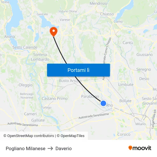 Pogliano Milanese to Daverio map