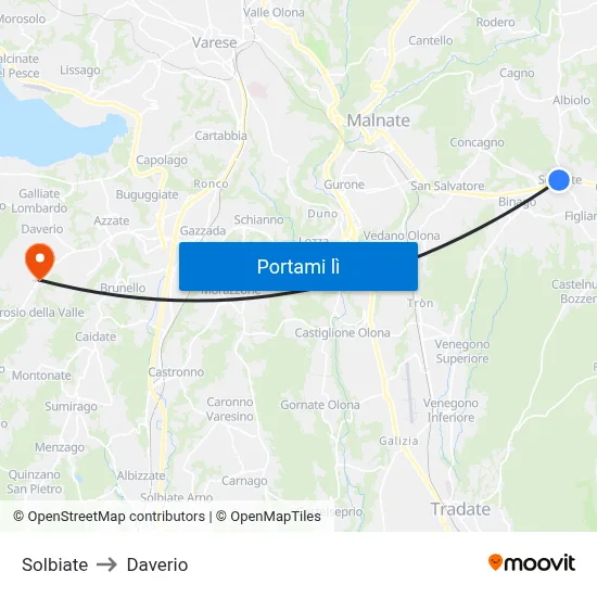 Solbiate to Daverio map