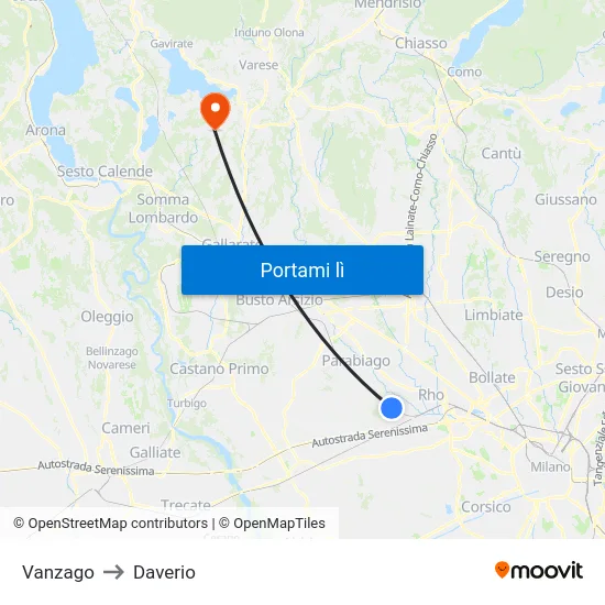 Vanzago to Daverio map