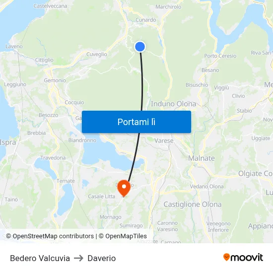 Bedero Valcuvia to Daverio map