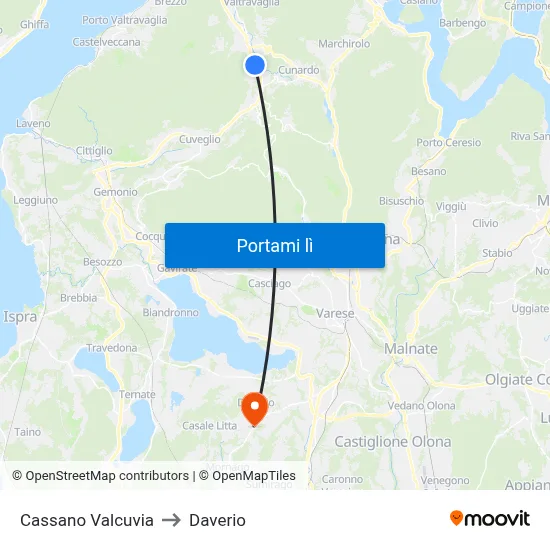 Cassano Valcuvia to Daverio map