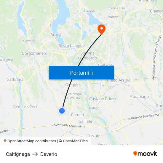 Caltignaga to Daverio map