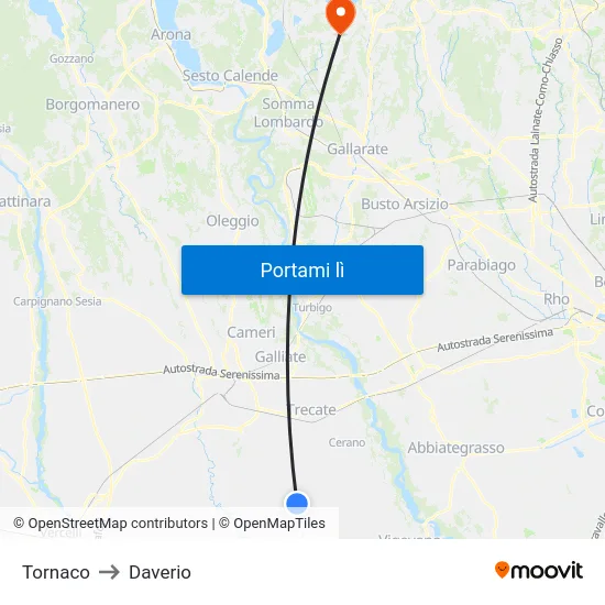 Tornaco to Daverio map