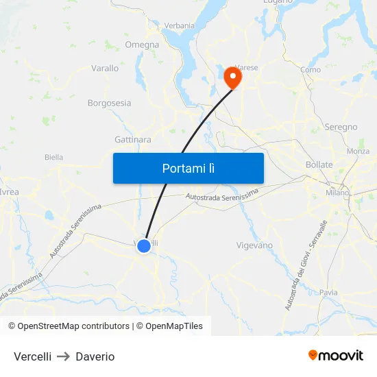 Vercelli to Daverio map