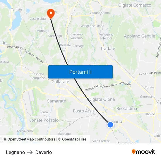 Legnano to Daverio map