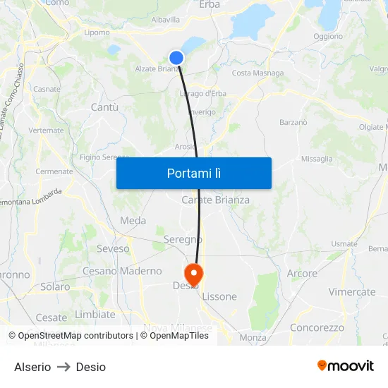 Alserio to Desio map