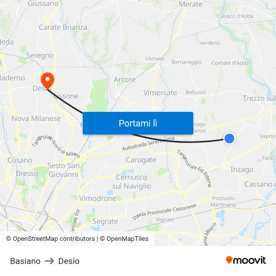 Basiano to Desio map