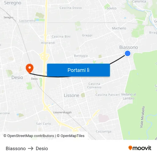 Biassono to Desio map