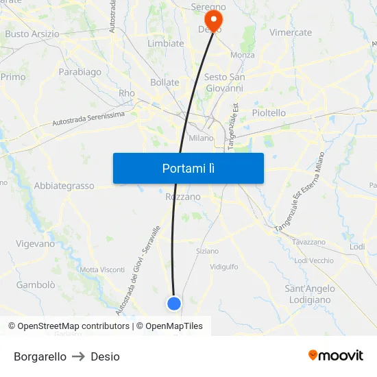 Borgarello to Desio map